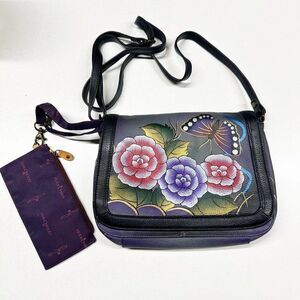Anuschka Purple Black Floral Hand Painted Leather Crossbody Bag + Card Holder